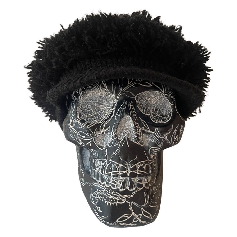 Vintage 70s Shaggy Yarn Newsboy Cap Hat Black